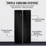 712 L, HRB-738BG Black Glass Finish Bottom Mounted French Door Refrigerator